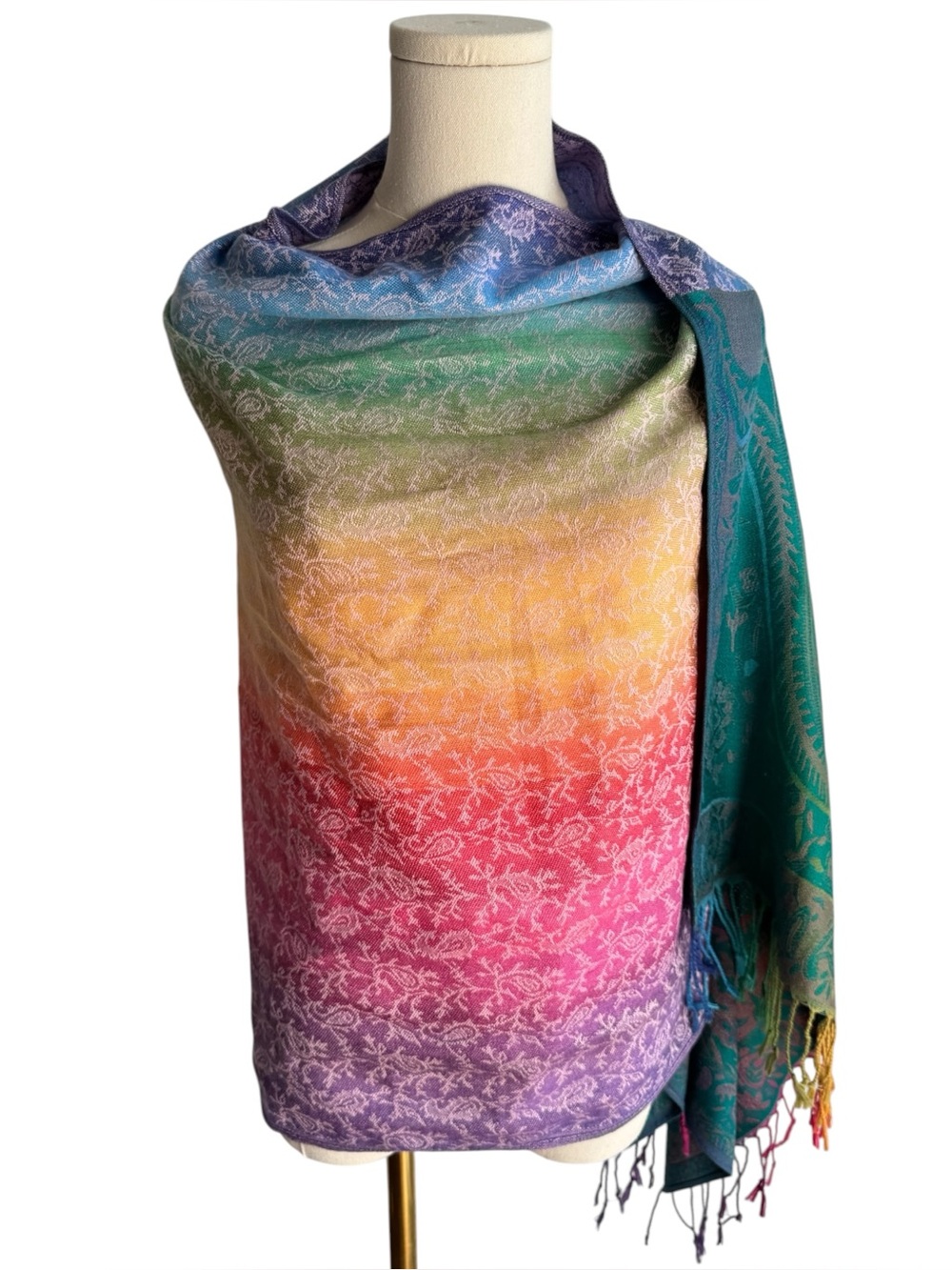Rainbow Ombre Paisley Pashmina Style Scarf Shawl Wrap Boho Festival Artsy Large